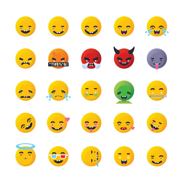 一套25个带有平滑阴影的表情符号。傻乎乎的脸和滑稽的表情。明亮的颜色。图片下载