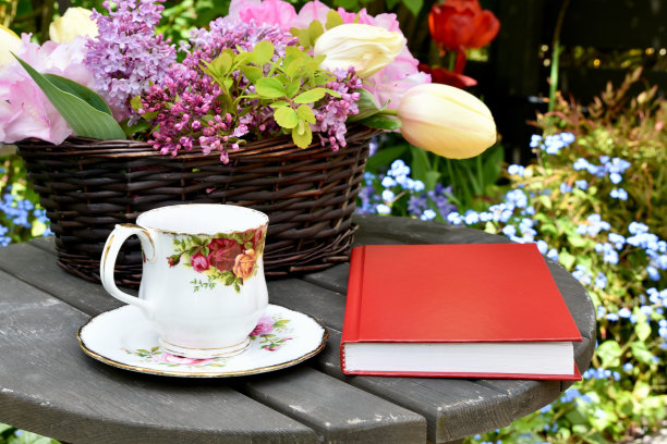 母亲节花园茶话会，春天的鲜花和美丽的户外环境图片下载