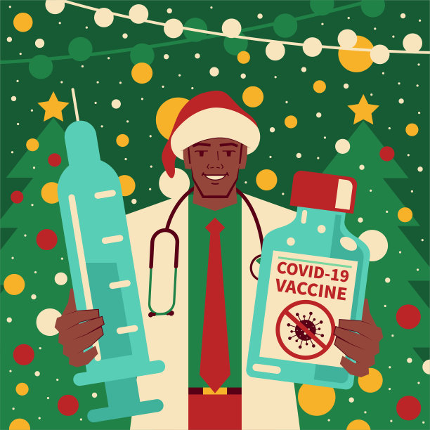 快乐的英俊年轻医生装扮成圣诞老人，手持疫苗瓶和注射器对抗冠状病毒（COVID-19、流感病毒）图片下载