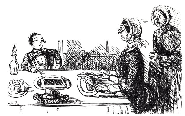 奶奶在餐桌上教孙子如何吃饭图片下载