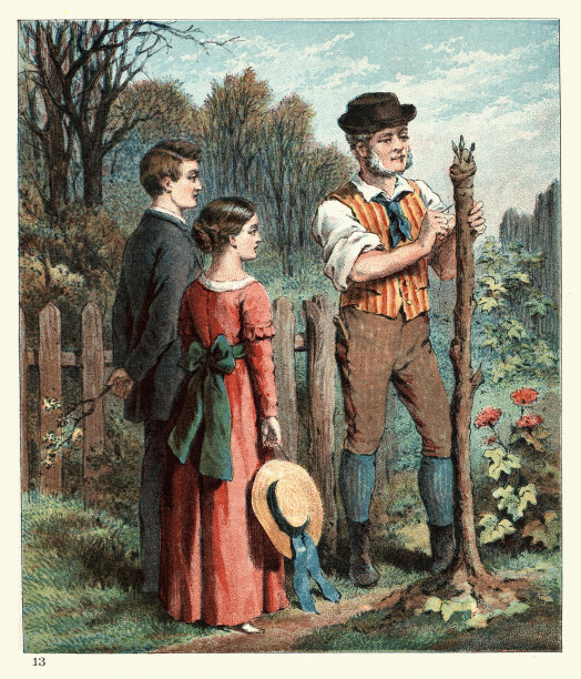 向孩子们展示如何照料苹果树的园丁，历史园艺，园艺，维多利亚儿童艺术，19世纪图片下载