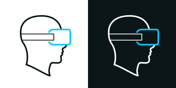 头戴VR虚拟现实头盔。黑色或白色背景上的双色线图标-可编辑的笔画图片下载