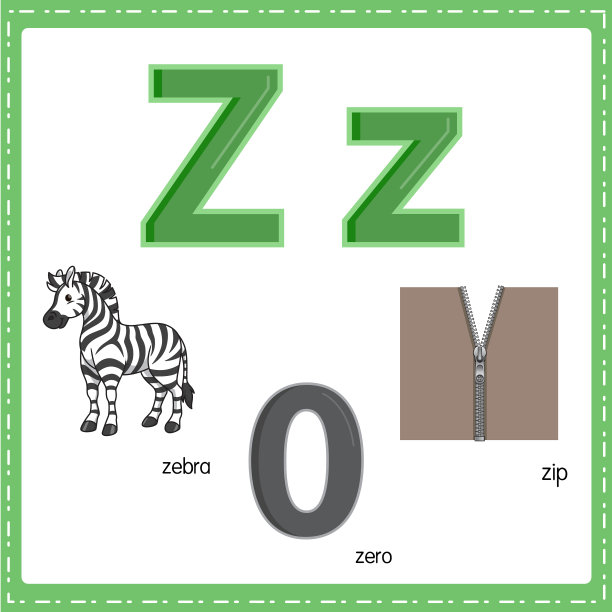 向量插图学习字母Z的小写和大写的儿童与3卡通图像。斑马零Zip。图片下载