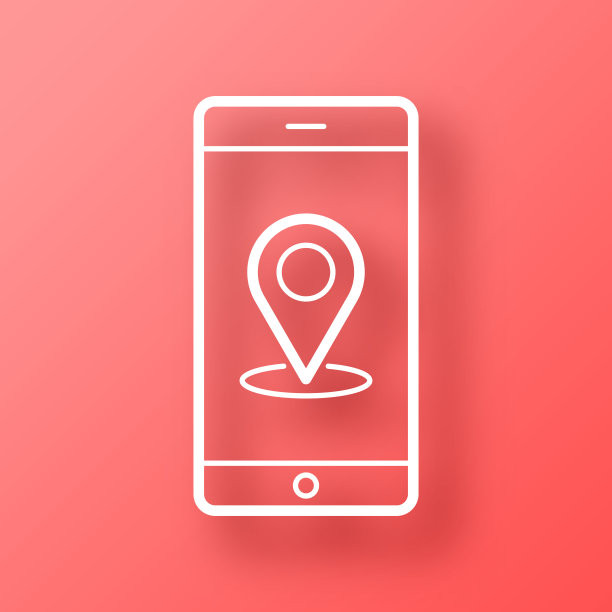 带有定位pin的智能手机。图标在红色背景与阴影图片下载