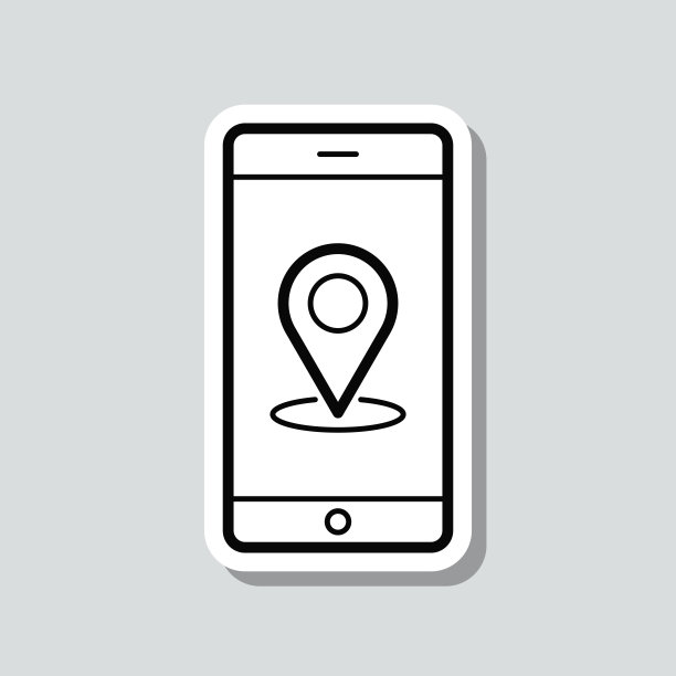 带有定位pin的智能手机。图标贴纸在灰色背景图片下载