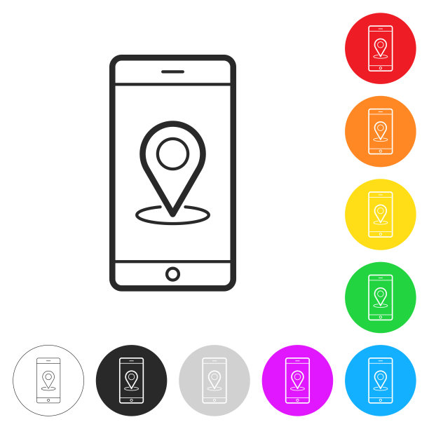 带有定位pin的智能手机。彩色按钮上的图标图片下载