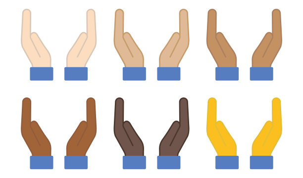 两个不同肤色的掌心图标。人类手掌的象征。标志的姿态向量。图片下载