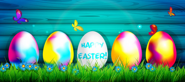 在草坪上画了复活节彩蛋，有鲜花和木制背景。现实主义风格的创意插图。图片下载