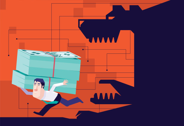 商人背着一叠钞票，后面跟着愤怒的野兽的影子图片下载