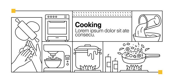 烹饪线图标集和横幅设计图片下载