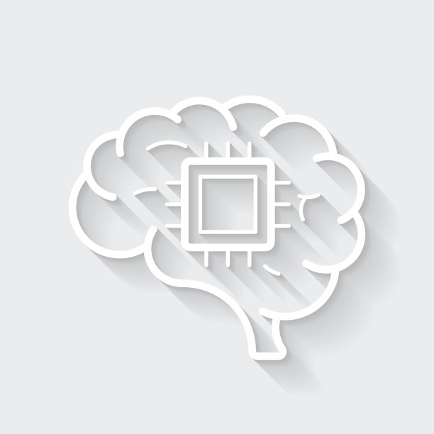 大脑植入芯片。图标与空白背景上的长阴影-平面设计图片下载