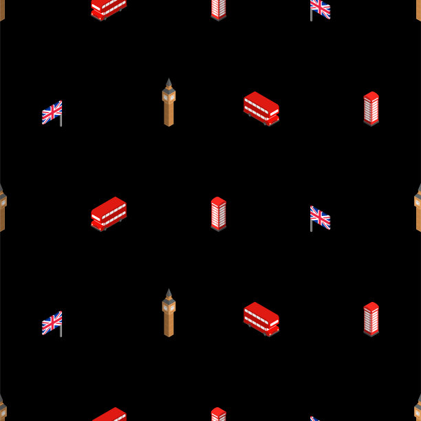 伦敦模式无缝。英国的背景。伦敦的标志性建筑。红色双层巴士和电话亭。英国国旗和大本钟塔图片下载