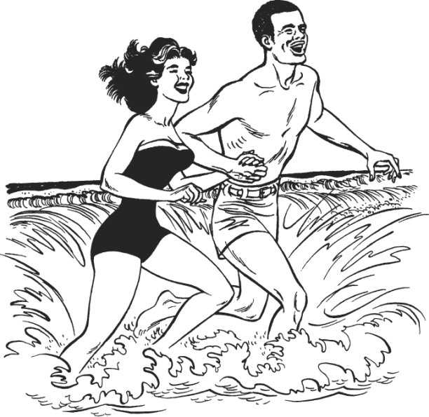 一对夫妇在夏天在海里跑步的插图图片下载