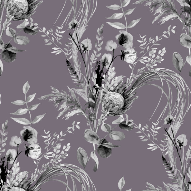 无缝的黑色和白色图案热带干花波西米亚风格画在水彩图片下载
