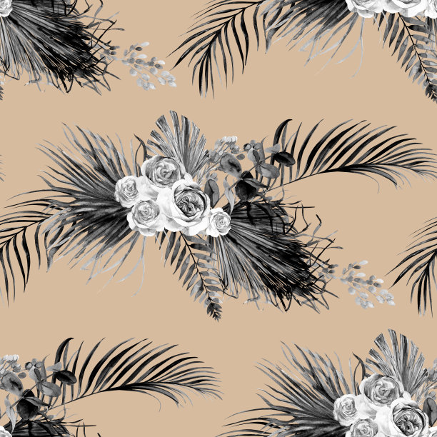 无缝的黑色和白色图案与玫瑰花束和热带干花波西米亚风格的水彩画图片下载