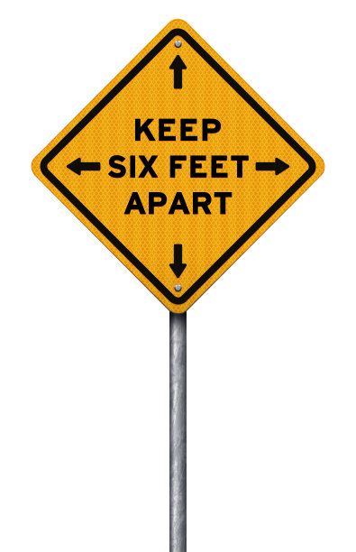 黄色社交距离警告标志和金属柱图片下载