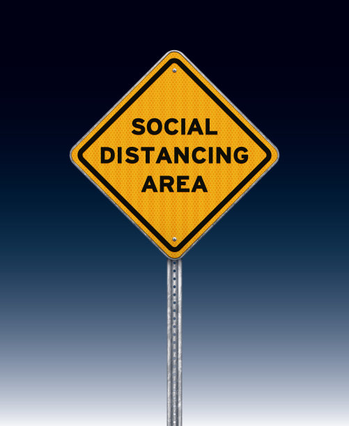 黑色背景上的黄色社交距离警告标志图片下载
