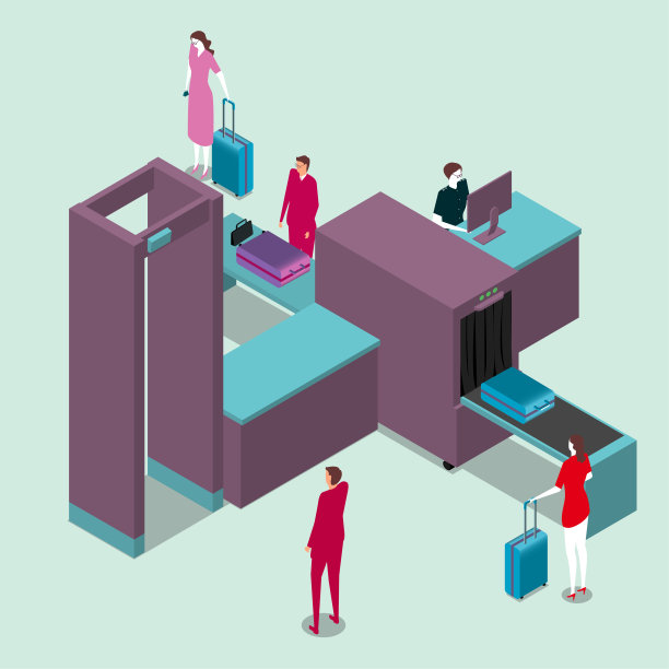 矢量绘图等距安全检查点机。游客正在接受安全检查。图片下载