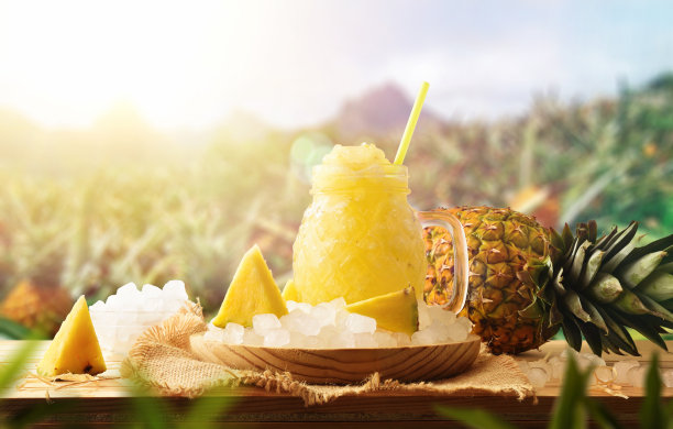 菠萝泥放在菠萝地里的桌子上图片下载