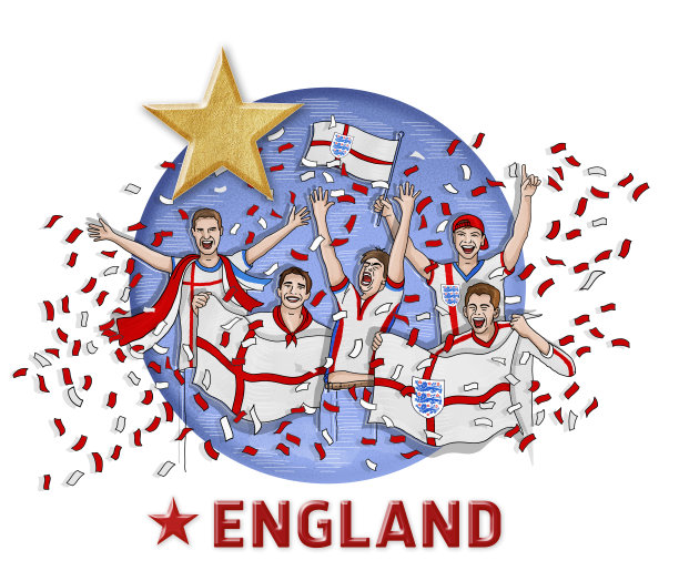 五名英格兰球迷举着英格兰国旗和一颗金星庆祝图片下载