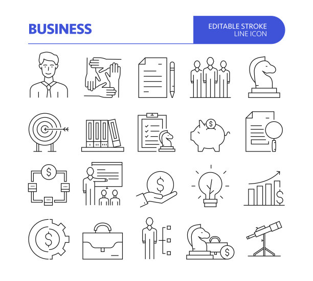 业务相关线矢量图标集。可编辑的中风。战略，团队，合作，管理者，解决方案，成功。图片下载