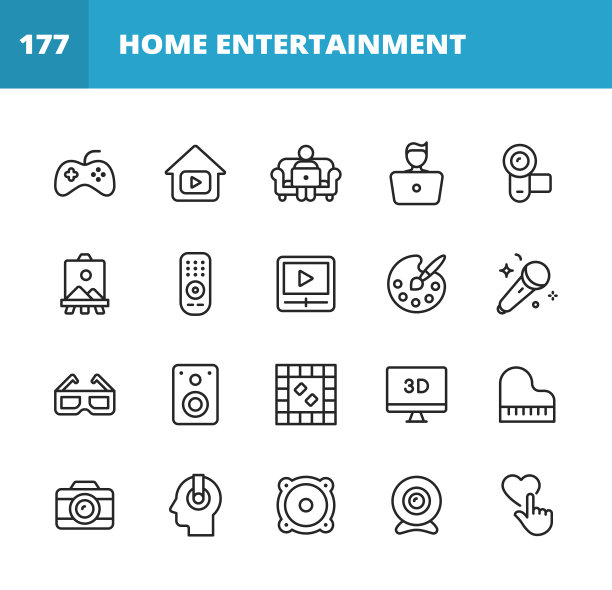 家庭娱乐线路图标。可编辑的中风。像素完美。移动和网络。包含如视频游戏，流媒体，相机，绘画，艺术，远程控制，唱歌，卡拉ok，音乐，棋盘游戏，钢琴，相机，耳机，约会，社交媒体。图片下载