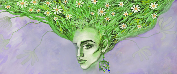 一幅现代印象派风格的作品的时尚插图艺术肖像，一个年轻美丽的女人与长头发和耳环的自然宝石图片下载