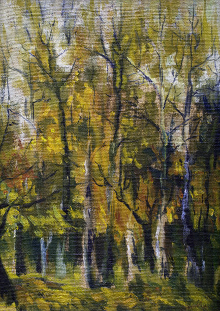 油画风景秋天的树与明亮的黄色和橙色的叶子在公园的背景灰色的秋天的天空和黄色的草在多风的天气图片下载