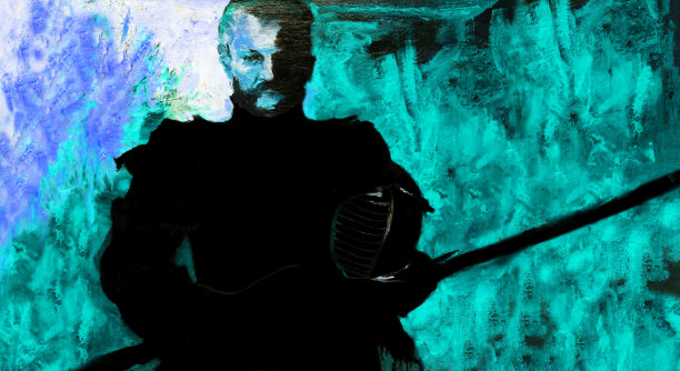 在清晨天空的背景上，一个穿着骑士盔甲和复古风格的戟的男性战士的插图肖像图片下载