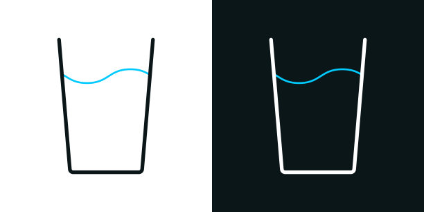一杯水。黑色或白色背景上的双色线图标-可编辑的笔画图片下载