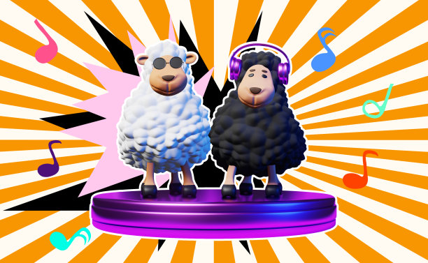 两个酷酷的DJ绵羊有节奏地跳舞，演奏音乐创意艺术拼贴音乐音符日辉背景夜总会横幅图片下载