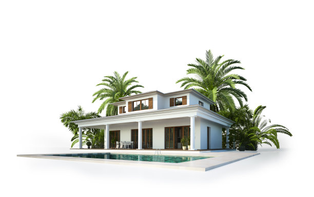 孤立的地中海别墅，有棕榈树和游泳池图片下载