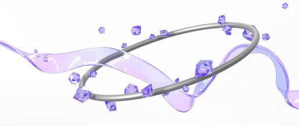 全息玻璃波带线与钢圆框架和紫色宝石3d渲染。现代抽象背景与飞行几何形状和珠宝晶体，时尚壁纸图片下载