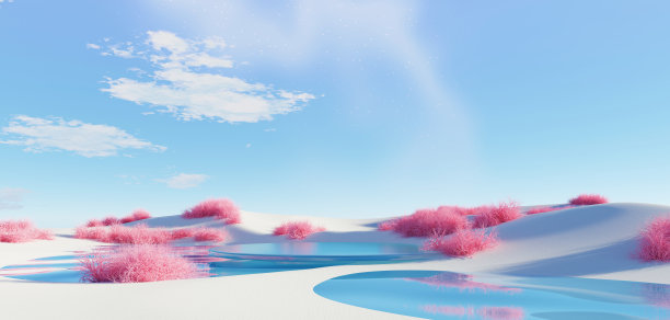 3d渲染超现实的沙丘景观背景与孤独的树，抽象梦幻沙漠沙丘调味景观环境，全景，未来的场景与复制空间，蓝天和多云图片下载