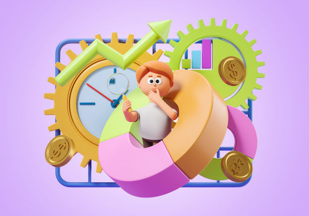 3 d渲染。卡通人与放大镜，财务图表和分析图片下载