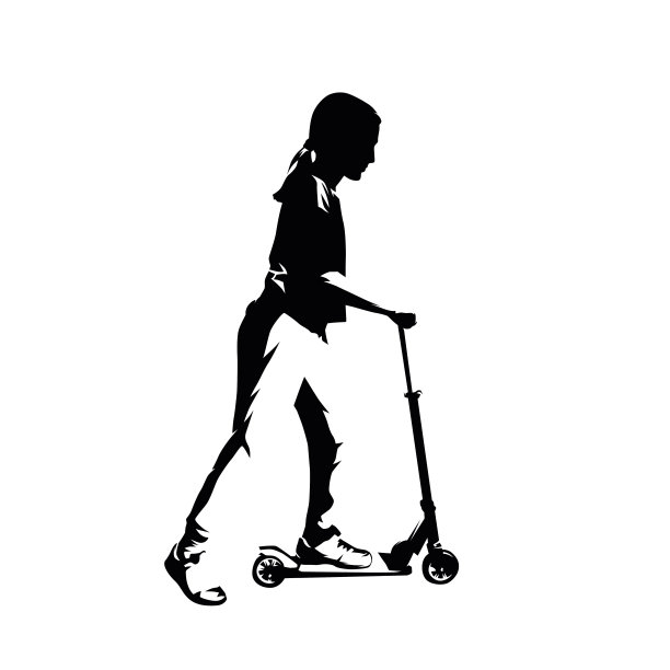 小女孩骑滑板车，画水墨画。孤立的矢量剪影。打孩子。侧视图图片下载