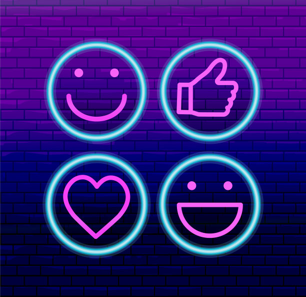 四组直播活动霓虹社交媒体互动按钮在紫色砖墙上图片下载