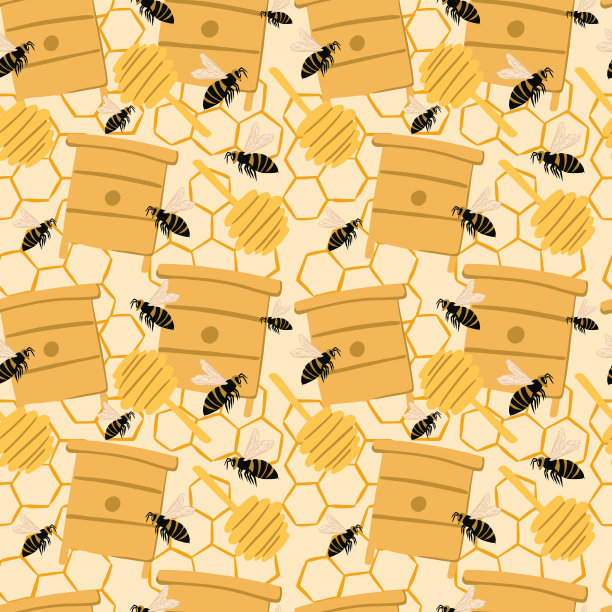随机无缝蜂蜜图案与蜜蜂和蜂箱的轮廓。柔和的背景与蜂巢。图片下载
