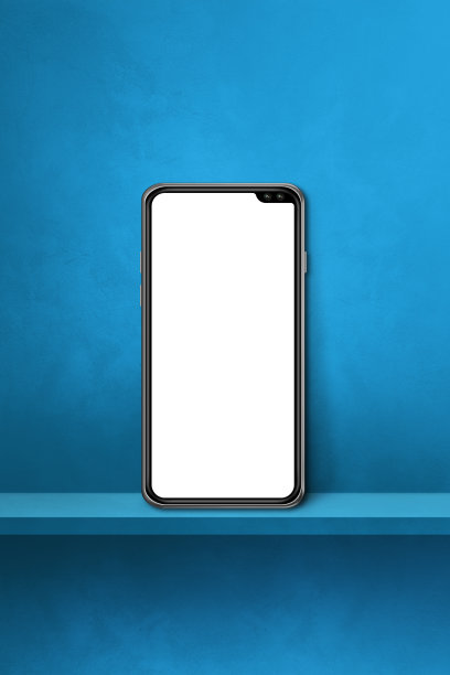 手机在蓝色墙上的架子上。垂直的背景图片下载
