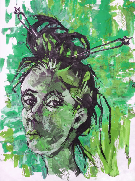 插画油画肖像的年轻女子与长头发和发夹在她的发型在一个寒冷的绿色春天的背景图片下载