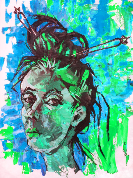 插图油画肖像的年轻女子与长长的黑发和发夹在她的发型在一个寒冷的蓝色和绿色的春天背景图片下载