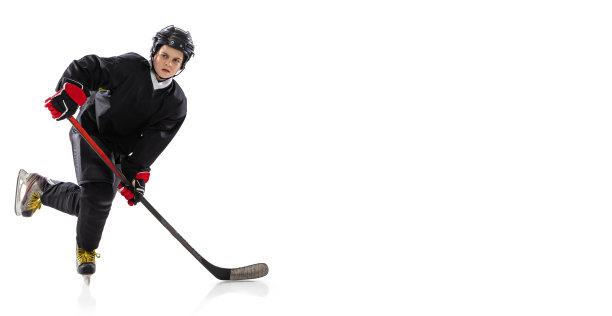 传单，海报的肖像集中的男孩，孩子，曲棍球运动员在运动，训练孤立的白色背景。图片下载