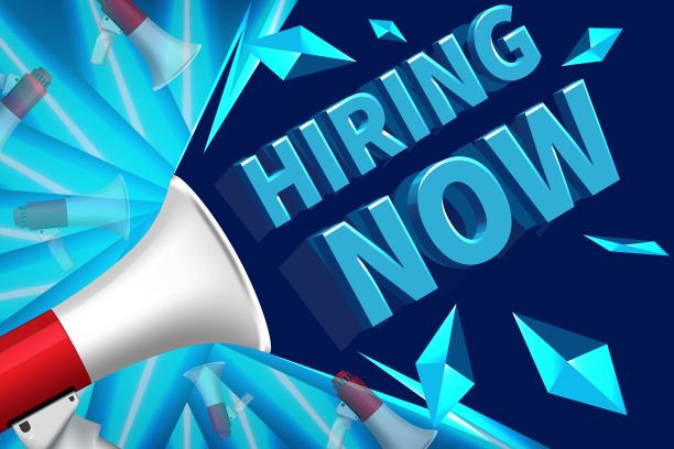 我们正在招聘海报或横幅设计。蓝色背景上的职位空缺概念。我们正在招聘带扩音器的广告招牌图片下载