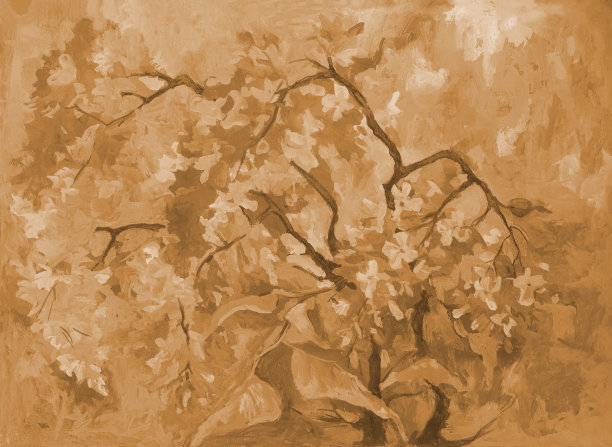 插图油画水平风景的紫丁香花丛在深褐色图片下载