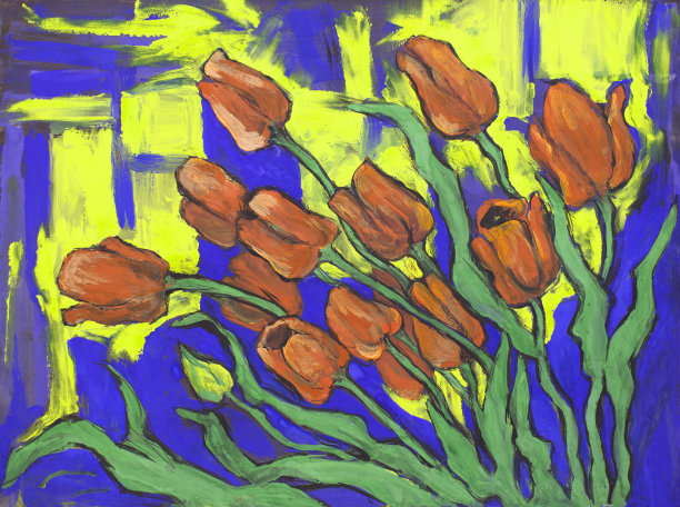 插图油画静物盛开的红色郁金香装饰背景在蓝色的黄色图片下载