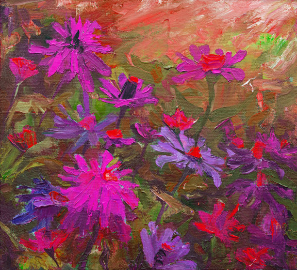 插图油画风景花百日菊优雅的床上的植物与其他花蕾的叶柄图片下载