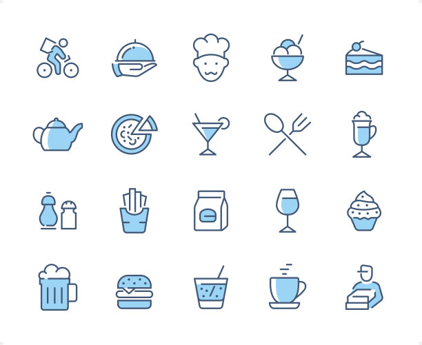 餐厅图标集。可编辑的笔划粗细。完美的像素二色图标。图片下载