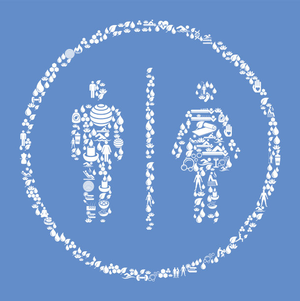 浴室标志健康和健康图标设置蓝色背景图片下载