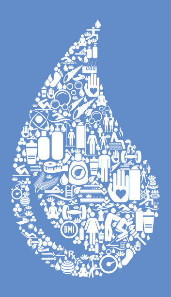 水滴健康和健康图标设置蓝色背景图片下载