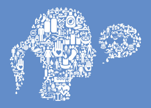 聊天泡泡脸健康和健康图标设置蓝色背景图片下载